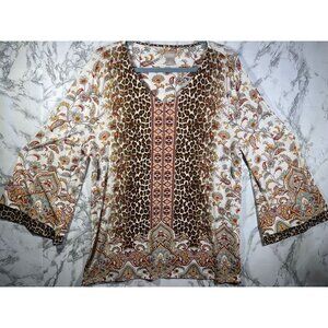 Chicos Leopard & Floral Print 3/4 Sleeve Top Size 2 Polyester Spandex Blend Boho